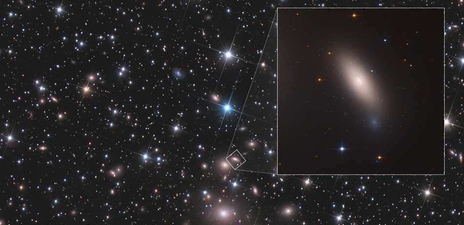 Зображення галактики NGC 1277, отримане з допомогою Космічного телескопа імені Габбла, на тлі скупчення галактик в сузір’ї Персея. Галактика унікальна тим, що є реліктовою, тобто схожою на галактики раннього Всесвіту. Вона містить старі зорі, які народилися 10 мільярдів років тому. Але на відміну від інших галактик у локальному Всесвіті вона не формувала нові зорі. Астрономи називають такі галактики «червоні й мертві», бо зорі в них старіють, а послідовних поколінь молодших зір немає. Фото з сайту NASA. best astro 18 14